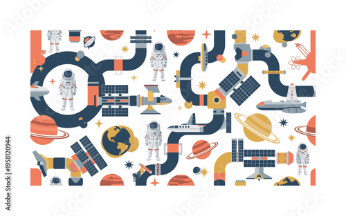 orbital space laboratory seamless pattern, astronauts spaceships station modules solar panels planets and stars arranged in a repeating pattern,