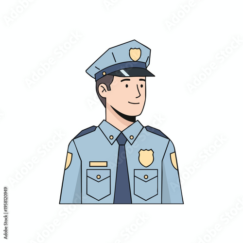 Cheerful police officer in uniform with badge on chest and cap