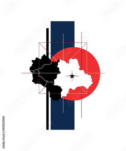 Black and white fragmented map silhouette of the country as abstract shape, bold red circular accent overlapping one edge, navy vertical rectangle dividing
