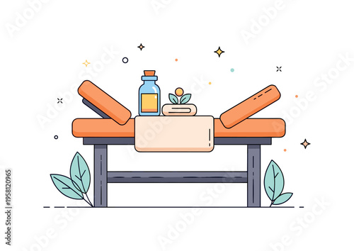 Spa treatment setup comfortable massage table with face cradle and a small bottle of oil placed beside it, soft leaf accents suggesting natural aromatherapy. A