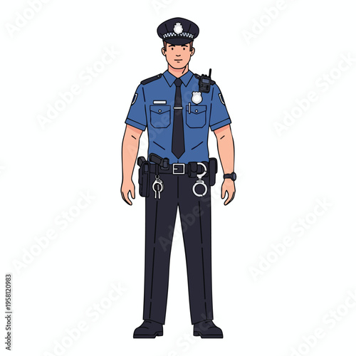 Cartoon illustration of a uniformed male officer standing, ready for duty