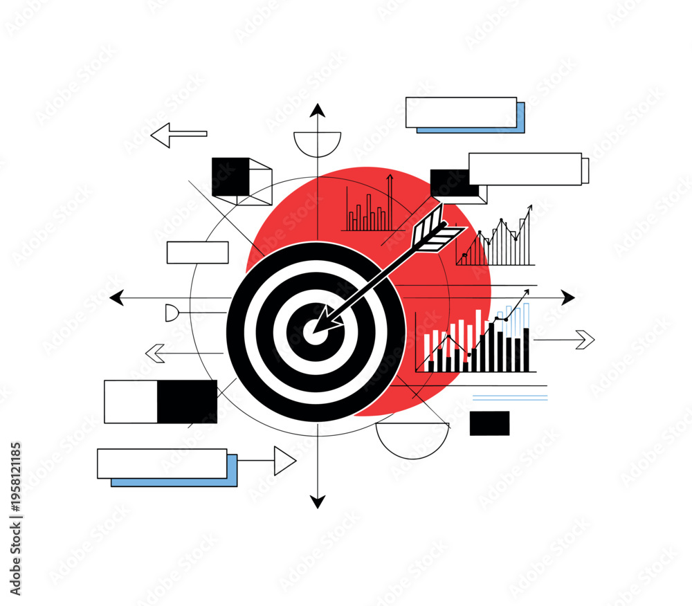 Fototapeta premium black and white target symbol with arrow hitting the center combined with data charts symbolizing marketing performance analytics, large red circle behind the