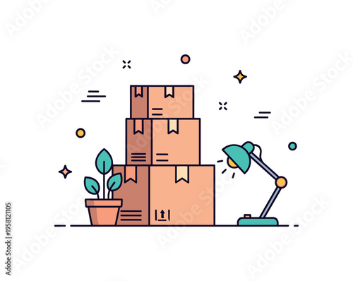 Dorm room move in moment a stack of moving boxes next to a small plant and desk lamp suggesting the beginning of a cozy new college living space. Minimalist