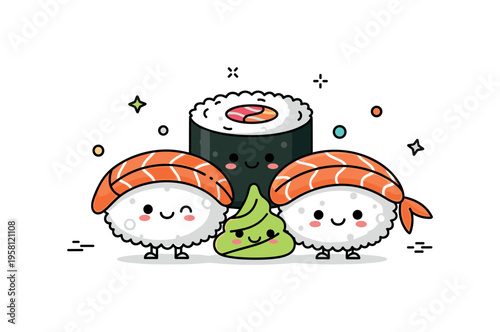 Friendly sushi trio three cute sushi pieces with smiling faces arranged together like a small cheerful food character group. Minimalist flat vector