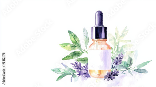 Watercolor illustration of dropper bottle surrounded by lavender and green leaves, evoking sense of calm and natural beauty