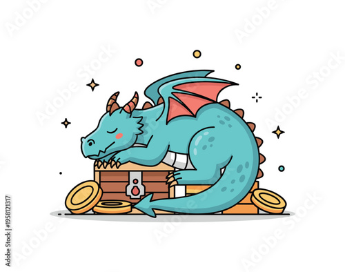 Dragon resting on treasure adorable dragon peacefully napping on golden coins while tiny sparkles decorate the magical treasure scene. Minimalist flat vector