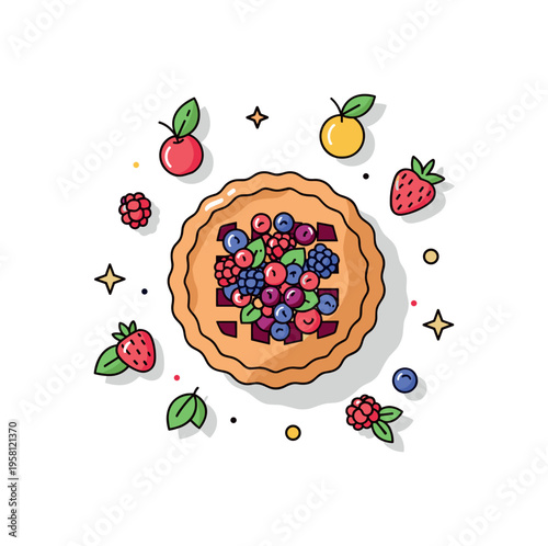 Seasonal fruit pie dessert a rustic pie filled with vibrant berries while a few loose fruits and leaves create a natural homemade baking atmosphere. Minimalist