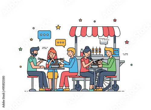 Casual street food picnic with friends small group sitting on simple stools near a food cart sharing noodles and skewers while speech bubbles and star accents