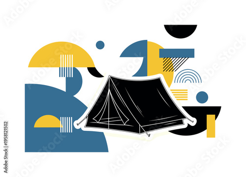 spring camping tent scene with abstract semicircles circles and graphic blocks, black and white camping tent set in fresh spring meadow with white outline