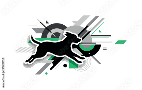 dog running through park abstract semicircles lines and geometric blocks symbolizing energy and playfulness black and white retro dog silhouette with white