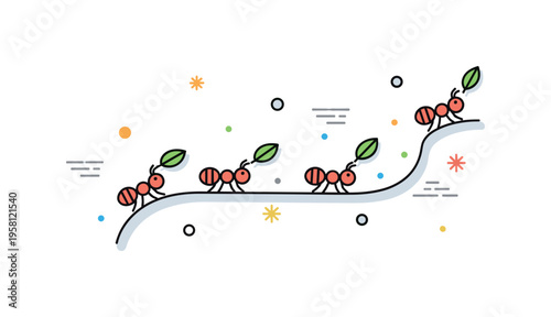 Ant trail activity showing a few simple ant icons walking along a curved path carrying small leaf fragments. Educational nature scene reflecting teamwork,
