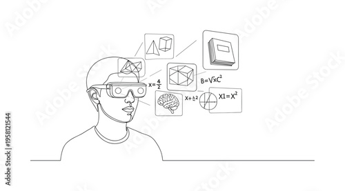 AR Education Experience. Minimalistic one-line drawing person wearing smart glasses with simple holographic shapes representing learning content, continuous