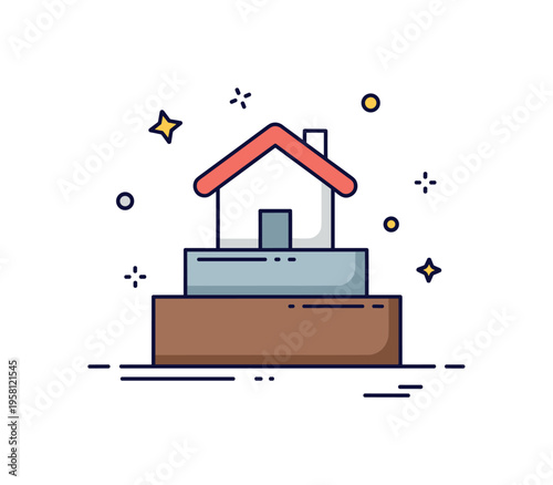 Foundation concept with a solid base block supporting a simple house icon above it. The scene symbolizes stability, security and the importance of strong