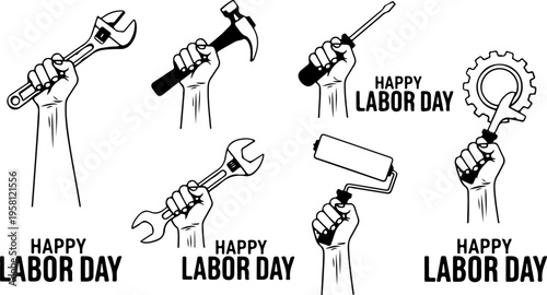 Happy Labor Day vector illustration set with hands holding various tools like wrench, hammer, screwdriver, and paint roller