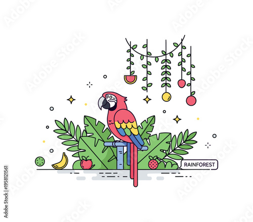 Macaw in lush rainforest vibrant macaw sitting among layered palm leaves and hanging vines while small fruit icons and sparkles enrich the tropical ecosystem