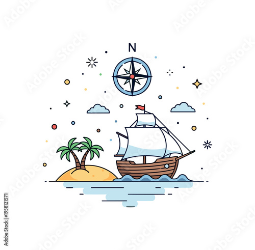Ancient voyage discovery a sailing ship approaching a small island with palm trees while a compass star above represents navigation and exploration in historic