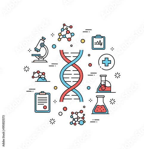 Molecular biology research centered on a stylized DNA helix surrounded by small lab icons like a microscope, test tube, and medical cross, symbolizing the
