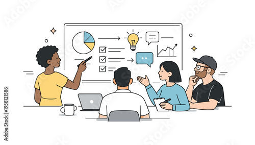 Office collaboration. A minimal editorial scene with a diverse team working on a shared digital screen, collective problem solving and calm productivity.