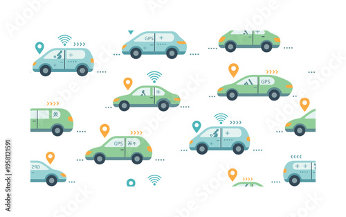 future mobility vehicles smart cars sensors gps markers and road lanes stylized as clean technology motifs, flat vector friendly shapes, saturated clean colors