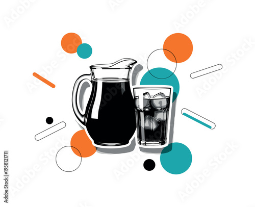 black and white pitcher and glass of iced tea placed side by side, cut-out collage effect with white outline, floating circles and rectangular graphic elements