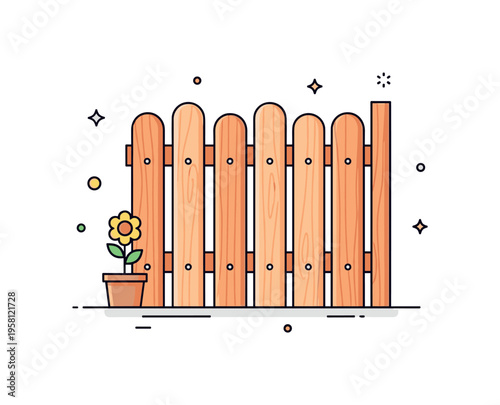 Garden privacy fence vertical wooden boards forming a tidy backyard barrier beside a small flower plant. Peaceful residential illustration representing
