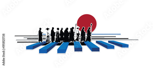 Black and white procession silhouette moving horizontally across composition, vibrant deep red circle rising behind the central figure, cobalt blue geometric