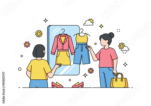 Spring wardrobe refresh person comparing two colorful outfits in front of a mirror while small flower icons suggest the arrival of warmer weather. Friendly