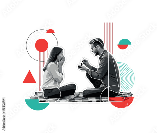 monochrome couple sitting on picnic blanket with proposal moment captured between them, white cut-out outline around the figures, geometric circles and