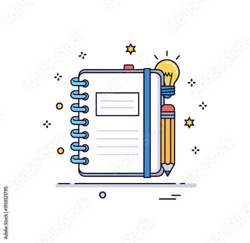Digital note taking app illustrated by a stylized notebook with a pencil and small lightbulb accent, representing idea capture and structured thinking. A