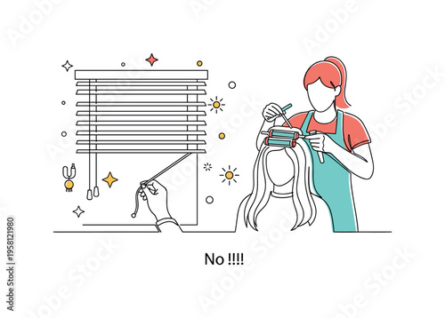 Salon Hair Treatment. Minimalistic one-line drawing stylist attending to client?s hair during perm procedure, continuous single black line on white background,