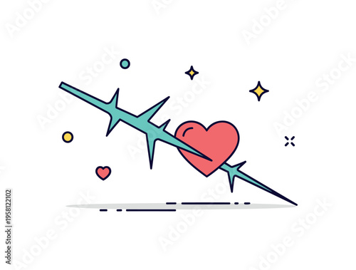 Thorn and heart contrast showing a sharp thorn touching a small heart symbol resting on a thin stem. Poetic metaphor of love, vulnerability, and emotional