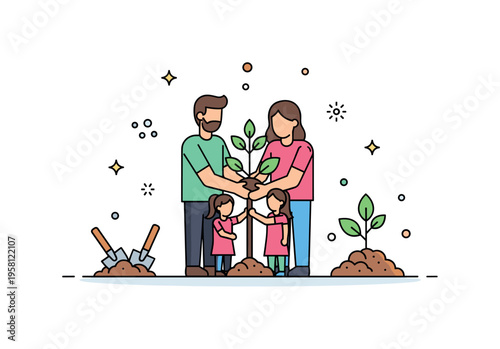 Tree planting together family holding a young sapling while a small mound of soil and gardening tools appear nearby. The scene reflects cooperation, nature