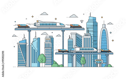 Flying vehicle transport network in a futuristic city with streamlined hover cars moving along elevated air lanes between modern skyscrapers. The scene conveys