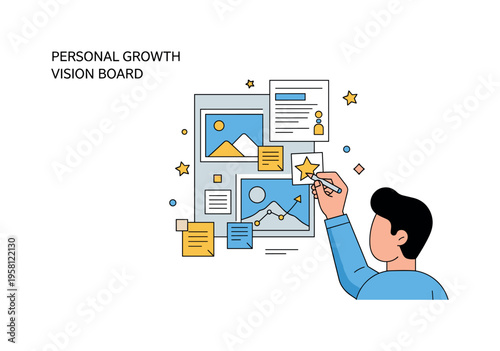Personal growth vision board a tidy arrangement of inspiring images and notes while a person adds a bright star sticker symbolizing belief in future