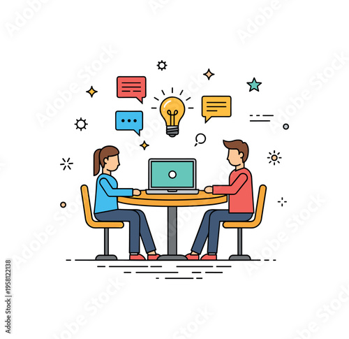 Founder collaboration environment centered around a small round table icon with a laptop and idea bulb while tiny speech bubbles float nearby. The compact