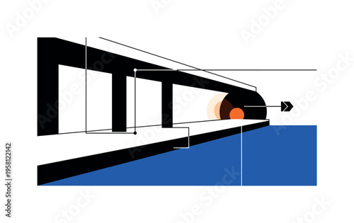 Black and white abandoned subway platform simplified into strong geometric forms, bold blue block grounding lower composition, orange circular accent near the