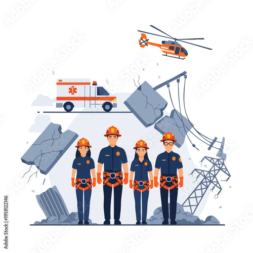 Rescue team stands in front of disaster aftermath with helicopter and ambulance