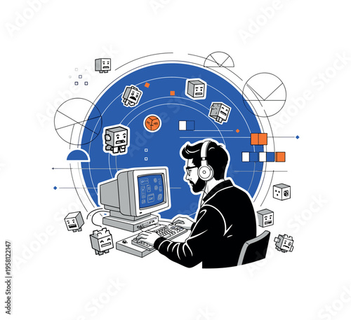 indie game developer sitting at a retro computer surrounded by floating pixel characters, black and white cut-out photo style with white outline, bold blue