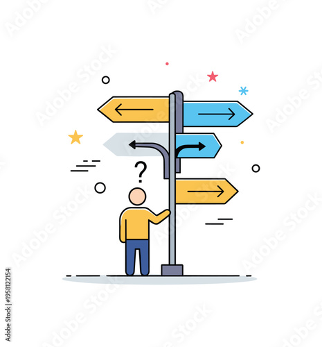 Difficult choice moment illustrated by a small figure standing at a crossroads sign with arrows pointing left and right while a tiny question mark floats