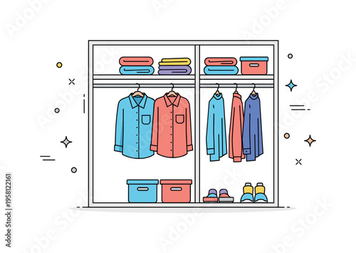 Bedroom closet organization compact wardrobe space with hanging shirts, folded sweaters on shelves, and a couple of small storage containers arranged neatly.