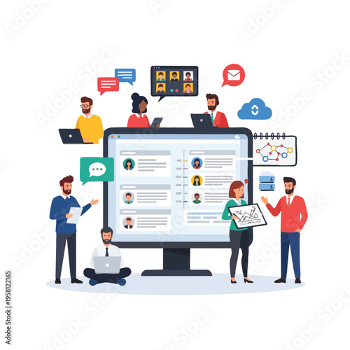 Diverse team collaborates on digital platform, sharing ideas via video, chat, and data