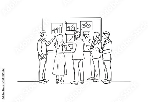 Creative Workplace Meeting. Minimalistic one-line drawing coworkers standing and discussing plans with sketches on board, continuous single black line on white