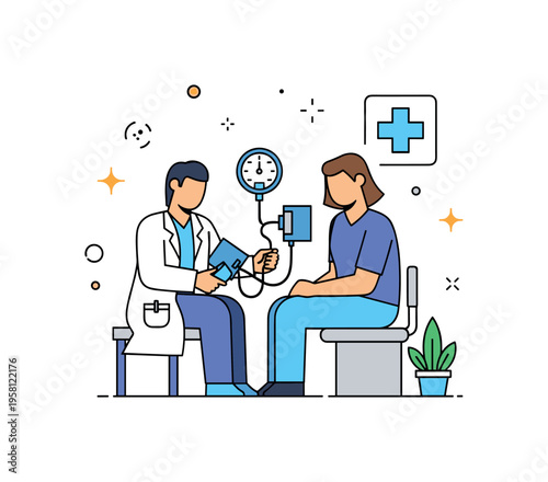 Clinic blood pressure screening a doctor using a sphygmomanometer to measure a patient?s blood pressure while a small medical cross icon emphasizes clinical