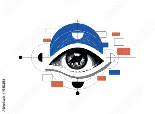 conceptual horror composition with a black and white human eye reflecting a wolf silhouette inside, white cut-out outline effect around the eye, bold cobalt