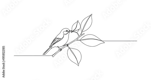 Animal Plant Cooperation. Minimalistic one-line drawing small bird interacting with leafy branch showing mutualistic relationship, continuous single black line