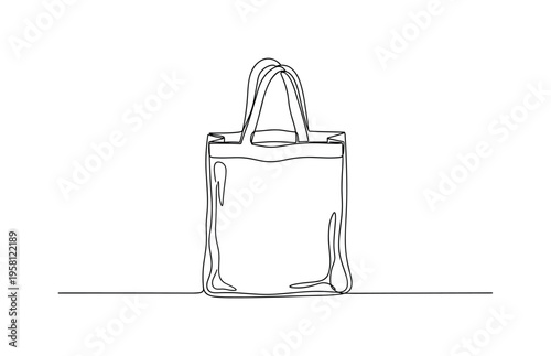 Reusable Market Bag. Minimalistic one-line drawing open reusable shopping bag with simple handle loops and clean outline, continuous single black line on white