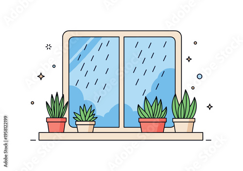 Indoor plants rainy window small decorative plants placed along a window sill while rain falls outside the glass creating a tranquil cozy home feeling.