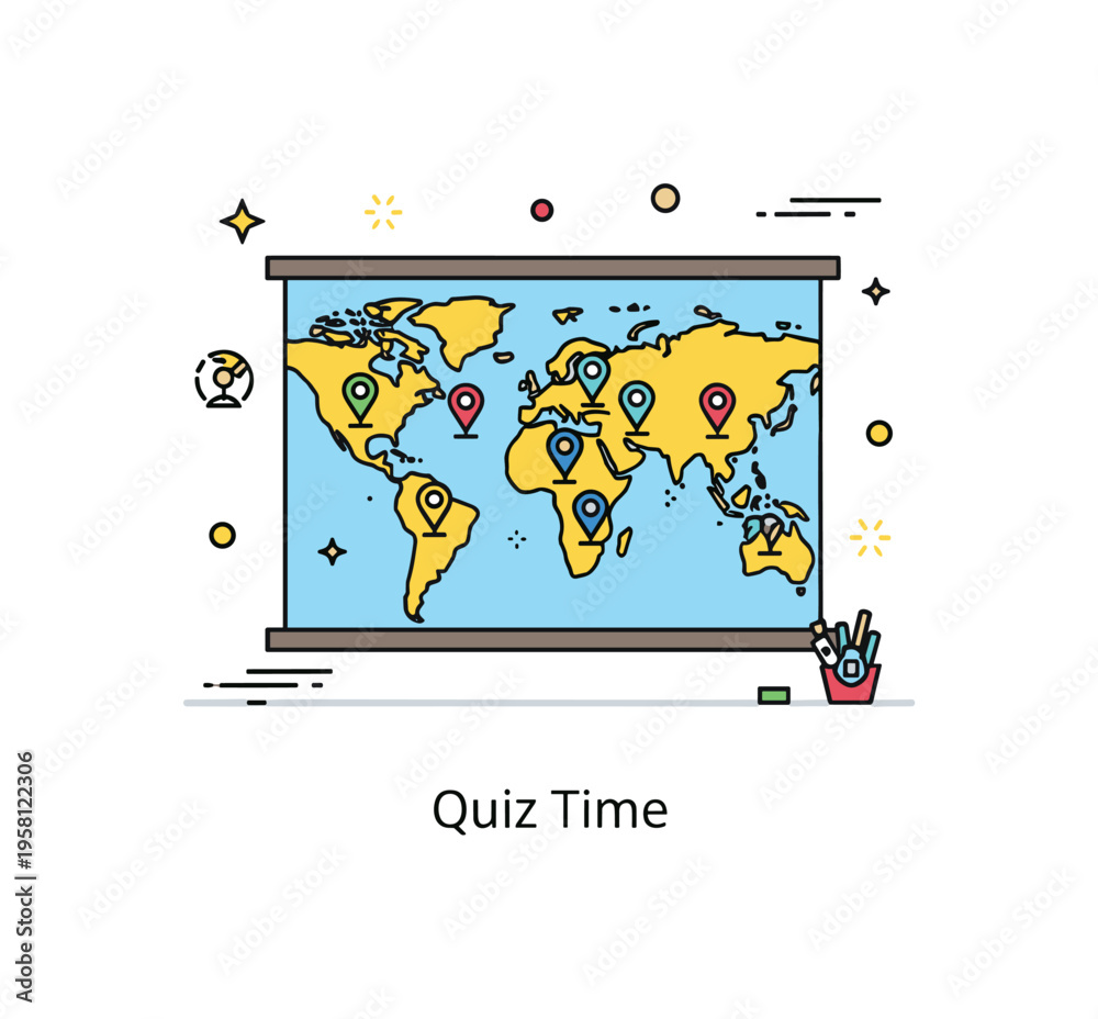 Naklejka premium Interactive map quiz in classroom illustrated by a wall map with small marker pins placed on different regions. A subtle ?Quiz Time? caption and tiny