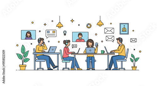 Remote professionals juggling video calls and emails on laptops in a modern co-working space, showcasing adaptability, focus, and multitasking in dynamic