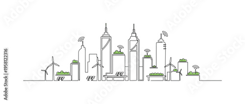 Smart City Sustainability. Minimalistic one-line drawing urban skyline with renewable energy icons and green rooftops, continuous single black line on white